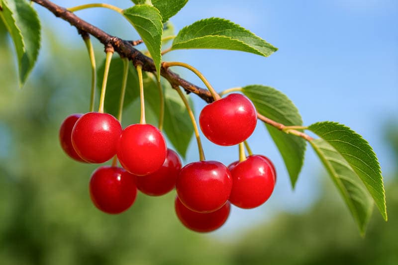 Ripe red tart cherries hanging from a leafy branch against a blue sky